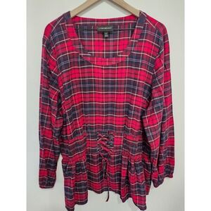 Lane Bryant Plaid Corset Waist Peplum Blouse Red Navy Tartan Size 26 Long Sleeve
